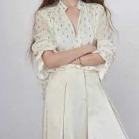 Ele Long Sve irt Women's Gold Emed Glass Button Design Spring 2025 Commute Sle Loose Fit Breathable Skin-Friendly