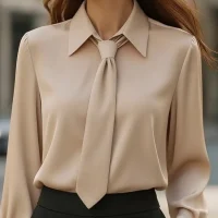 New Autumn Solid Color Casual Tie Long-sleeved Shirt Women's Lapel Temperament Commuting Versatile Shirt Comfortable Casual Top