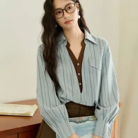 MISHOW Peach Skin Velvet Stripe Shirt for Women Autumn 2025 Double Layered Collar Contrasting Color Shirt Commute Top MXE47C2408