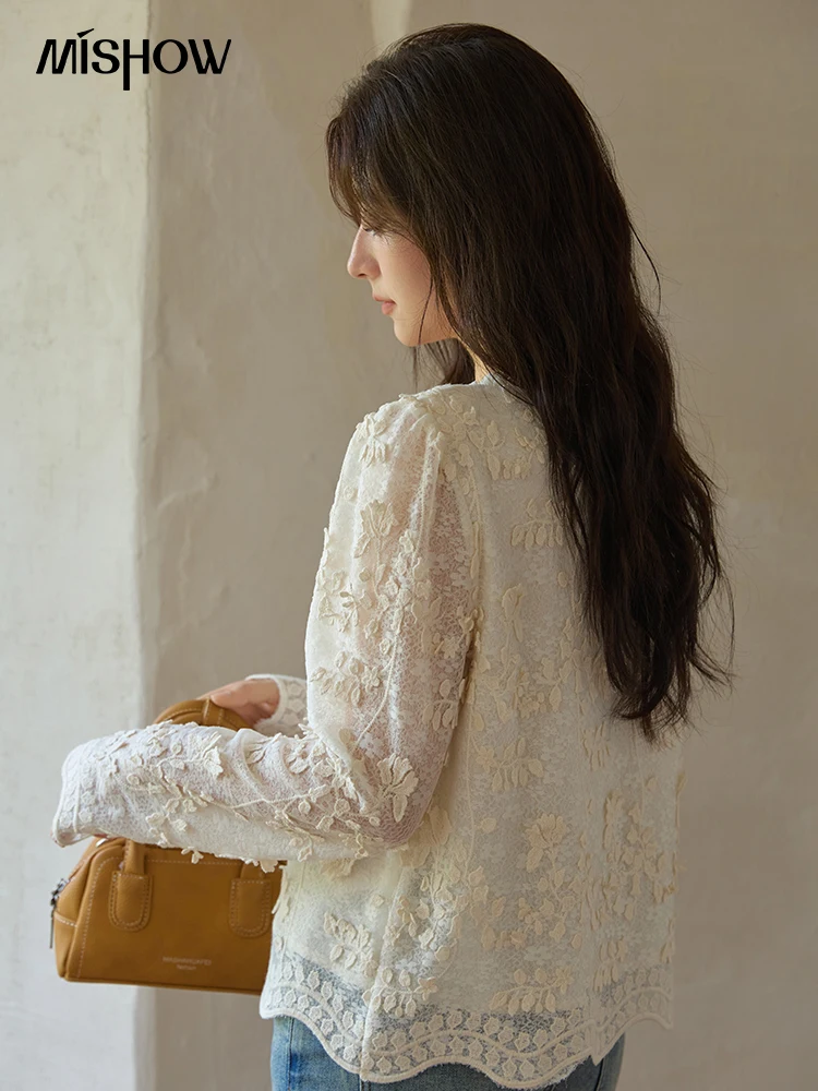 MISHOW Apricot Lace Jacquard Embroidered Shirt 2025 Autumn Black Fungus Edge Lace-up Vintage Commuter Top Office Lady MXE41X1927 - Image 2