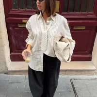 Casual Women's Striped Shirt With Tie Loose Lapel Full Sleeve Single Breasted Pockets Shirts 2025 Autumn Lady Chic Commute Tops