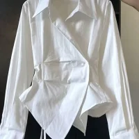 New Fashion Item Special White Irregular Button Hidden Belt Shirt Kpop Commuting Feminine Clothes Blouse Tops Party Woman Shirt