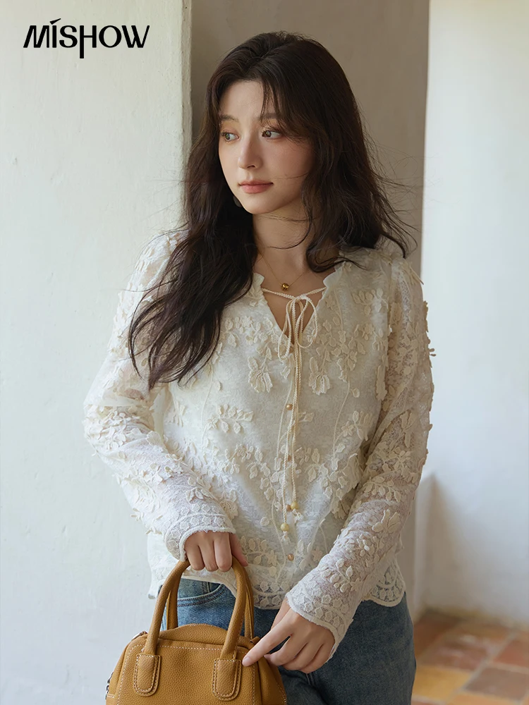 MISHOW Apricot Lace Jacquard Embroidered Shirt 2025 Autumn Black Fungus Edge Lace-up Vintage Commuter Top Office Lady MXE41X1927 - Image 4