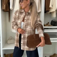 Women's Autumnwinter Solid Color Plaid Loose Casual Fashion Daily Commuter Style Top Long Sleeve Lapel Single-breasted Shirt