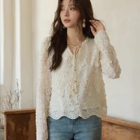 MISHOW Apricot Lace Jacquard Embroidered Shirt 2025 Autumn Black Fungus Edge Lace-up Vintage Commuter Top Office Lady MXE41X1927