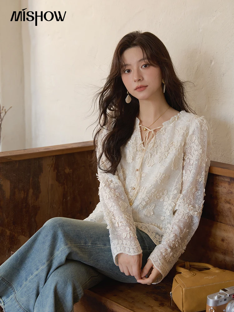 MISHOW Apricot Lace Jacquard Embroidered Shirt 2025 Autumn Black Fungus Edge Lace-up Vintage Commuter Top Office Lady MXE41X1927 - Image 5