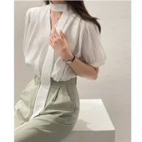Korean Sle Chic Spring New Aosphere Clear Bare Sa irt Women's Top Commute Sle High Waist Bubble Sve ort Sve