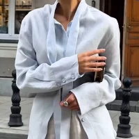 Wolfeel 100% Cotton New Autumn Tie Belted Shirt Women's Floating Ribbon Cardigan Top Commuting Slim Blouse