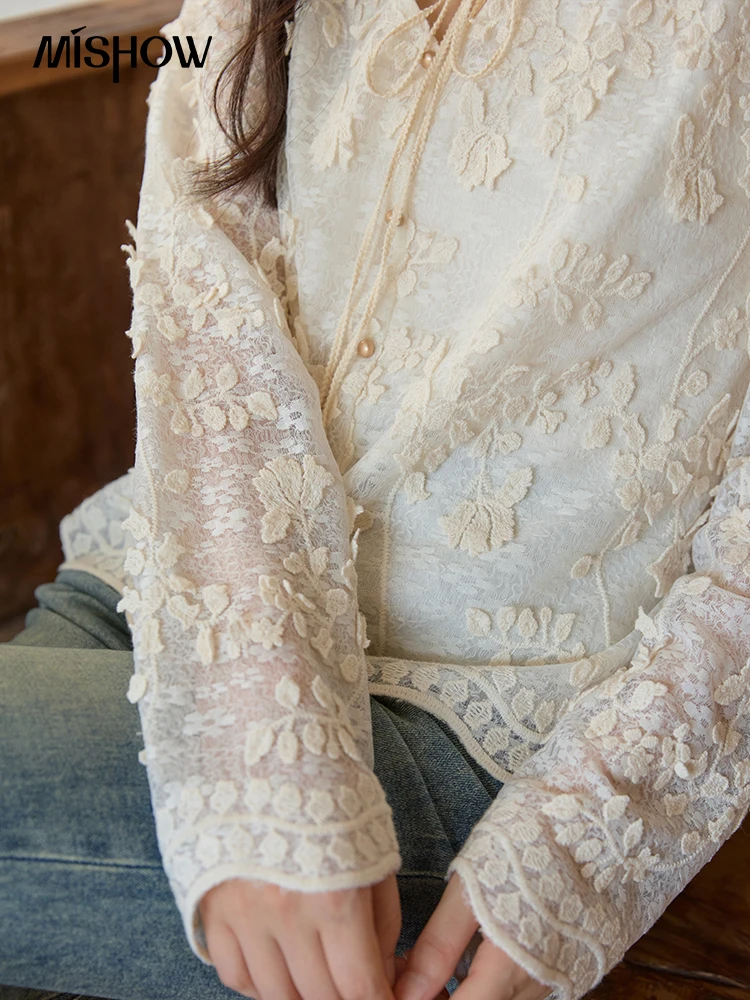 MISHOW Apricot Lace Jacquard Embroidered Shirt 2025 Autumn Black Fungus Edge Lace-up Vintage Commuter Top Office Lady MXE41X1927 - Image 3